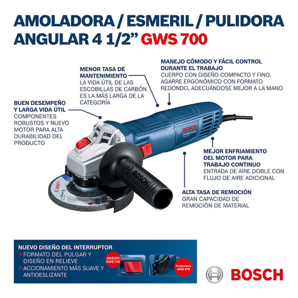 Esmeril Bosch Gws 700, 710w 127v Eje M14 06013a30g0 Azul
