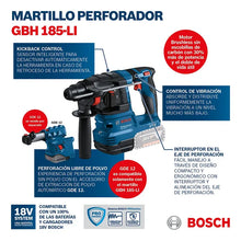 Martillo Inalambrico+cargador+2 Baterias Bosch Gbh 185-li Azul