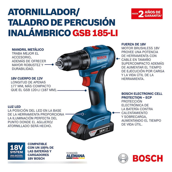 Rotomartillo 1/2 Bosch Gsb 185-li 18v 2 Baterías Y Maletín